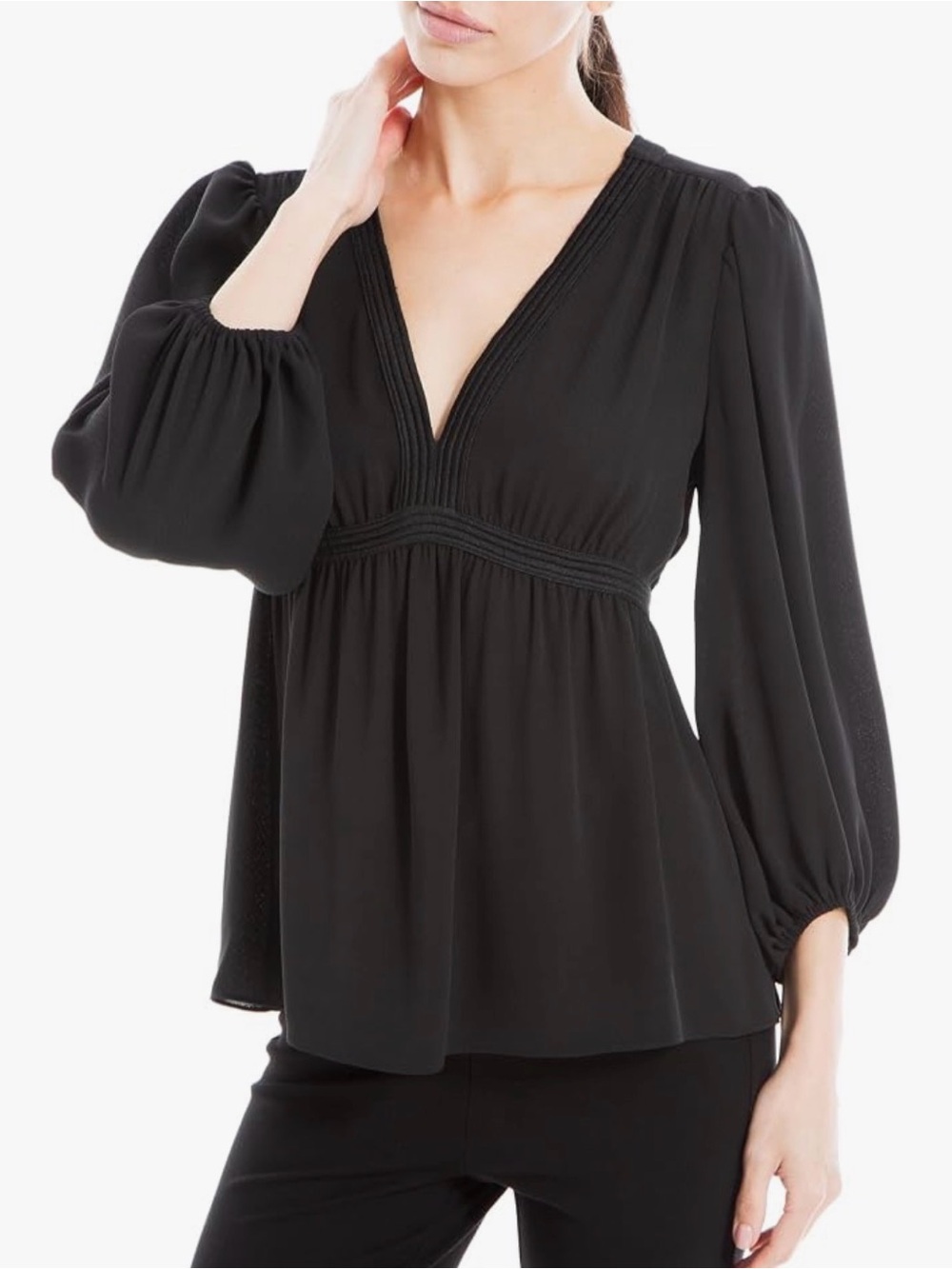 Max Studio NWT IVORY V-Neck Empire Waist Peasant Blouse Pleated XS